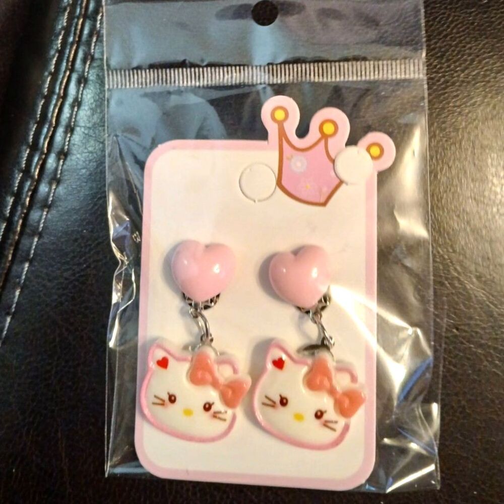 Sanrio Pink Heart Hello Kitty Dangle Clip-On Earrings Licensed